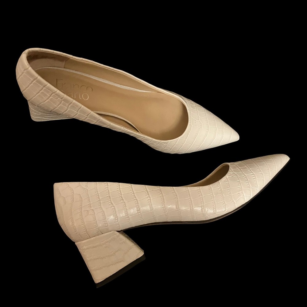 Franco Sarto Romi Cream Croc Embossed Leather Pointed Toe Block Heel Pumps 7.5M